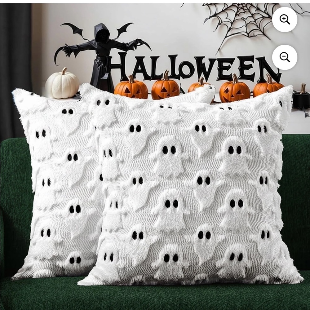 New! Ghost Pattern Plush Throw Pillow Cover - White Halloween Accent - Set of 2
